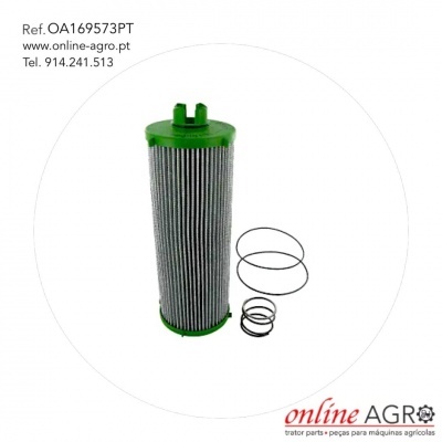 Filtro cilíndrico verde com anéis elásticos pretos em fundo branco com texto e logo online AGRO