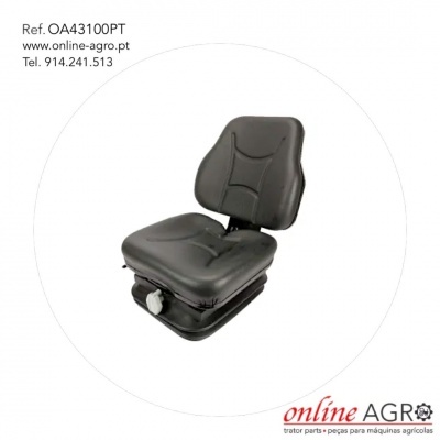 Cadeira preta almofadada para máquinas agrícolas com informações de contacto e referência