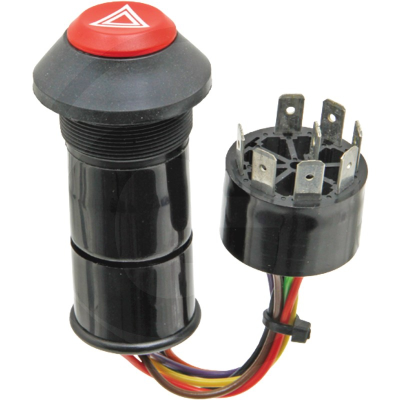 Botão de emergência vermelho e preto com fios coloridos e conector circular