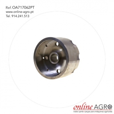 Peça metálica cilíndrica para máquinas agrícolas com texto de referência e contacto