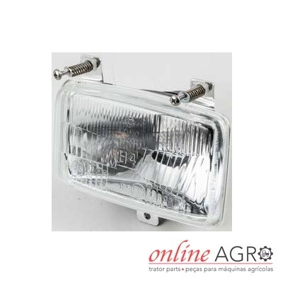 Farois retangular de lente transparente com suporte metálico e molas, sobre fundo branco com logotipo online AGRO
