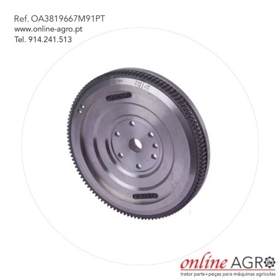 Disco metálico cinza com dentes nas bordas e texto de referência e contato