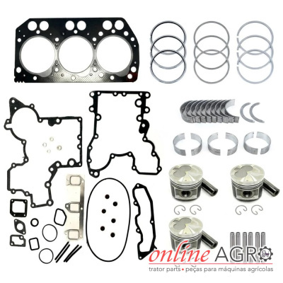 Conjunto de peças para motor agrícola com juntas, pistões e anéis sobre fundo branco.