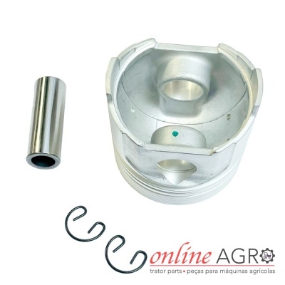 Conjunto de peças metálicas para motor sobre fundo branco com logótipo online AGRO