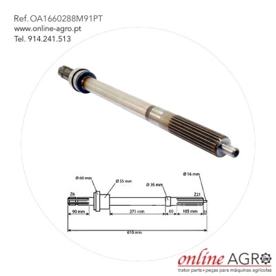 Eixo metálico cilíndrico com desenhos técnicos e texto de referência e contacto