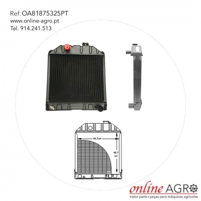 Radiador preto para máquina agrícola com desenho técnico e informações de contacto
