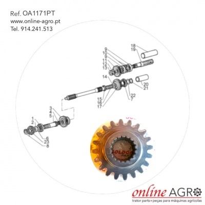 Desenho técnico de engrenagens com engrenagem metálica destacada e texto de referência e contacto