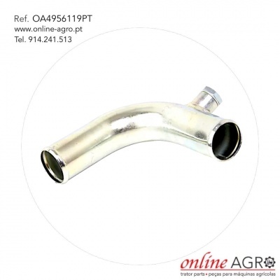 Tubagem metálica curva prateada com texto de referência e contacto