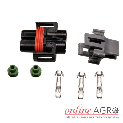 Conjunto de conectores elétricos com peças em plástico preto, cinza, metal prateado e anéis verdes