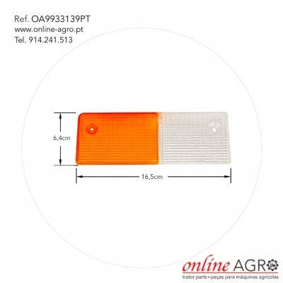 Luz retangular laranja e branca para máquina agrícola com medidas e informações de referência