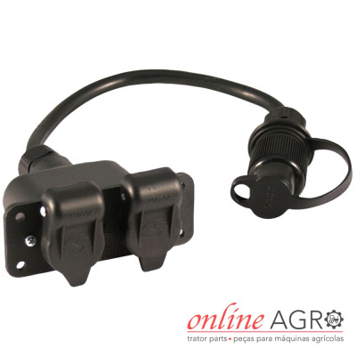 Conector elétrico preto com cabo e tampas de proteção