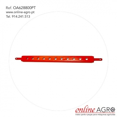 Barra metálica vermelha com furos e informações de contacto