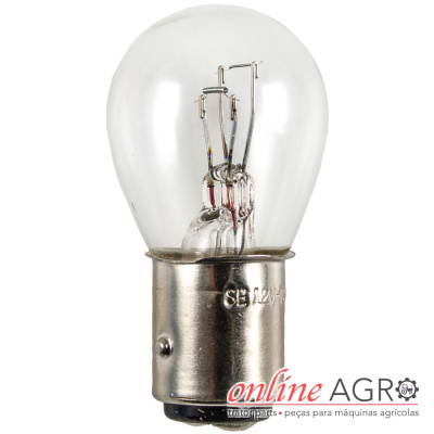Lâmpada incandescente com base metálica e vidro transparente, texto SE 12V 7W, fundo branco com logotipo online AGRO