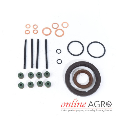Conjunto de peças de vedação e anéis para máquinas agrícolas sobre fundo branco