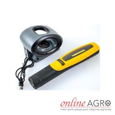 Lampada amarela e preta com base cinzenta e cabo USB sobre fundo branco com logotipo online AGRO