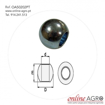 Peça metálica esférica com furo central e desenho técnico