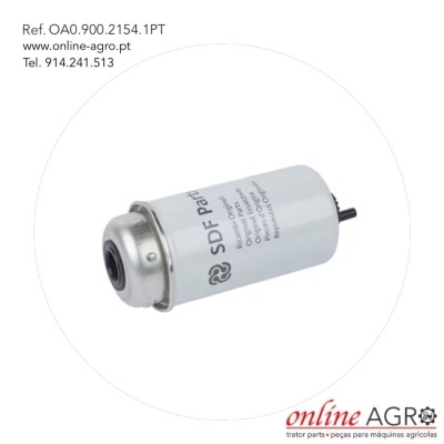 Filtro de combustível branco cilíndrico com texto SDF Parts em fundo branco