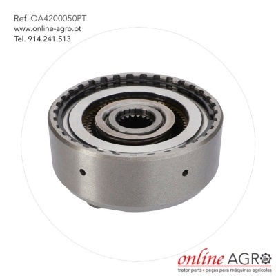 Componente mecânico circular metálico com dentes internos e texto de referência e contato ao fundo