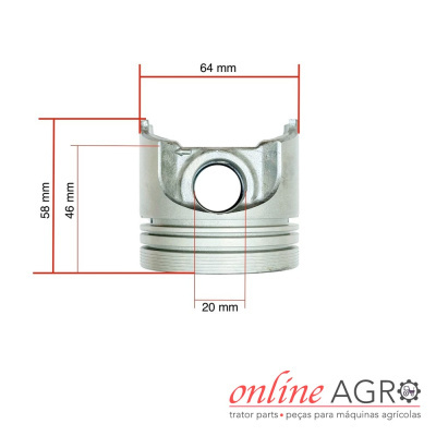 Pistão metálico com medidas indicadas em vermelho sobre fundo branco e logótipo online AGRO