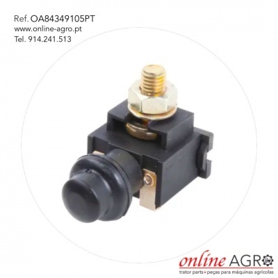 Interruptor elétrico preto com botão e parafuso em fundo branco e texto informativo