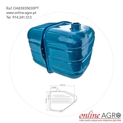 Depósito metálico azul com suporte para máquinas agrícolas e texto de referência e contacto