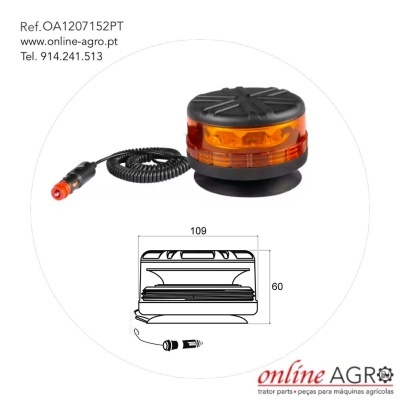 Sinalizador luminoso preto e laranja com cabo e ficha, desenho técnico e texto comercial.