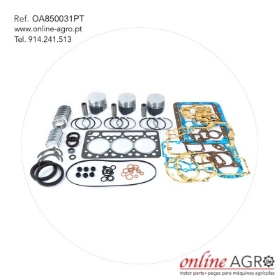 Conjunto de peças para motor agrícola com pistões, anéis, juntas e vedantes em fundo branco com texto e logo online AGRO