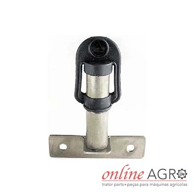 Peça metálica industrial com suporte preto e base retangular.