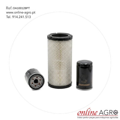 Conjunto de três filtros para máquinas agrícolas sobre fundo branco com texto e logótipo