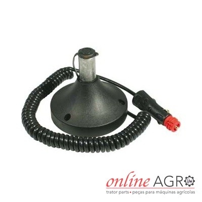 Peça para máquinas agrícolas com base preta, mola prateada, cabo enrolado e conector vermelho