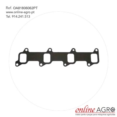 Gârgula preta para motor com quatro saídas e seis furos sobre fundo branco com texto de referência e contactos