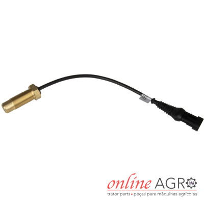 Sensor metálico dourado com cabo preto e conector, fundo branco