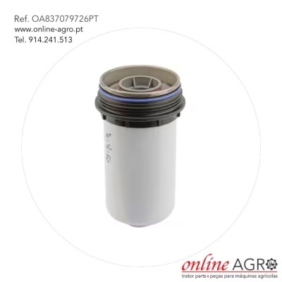 Filtro cilíndrico branco com topo preto e detalhes azuis, marca online AGRO.