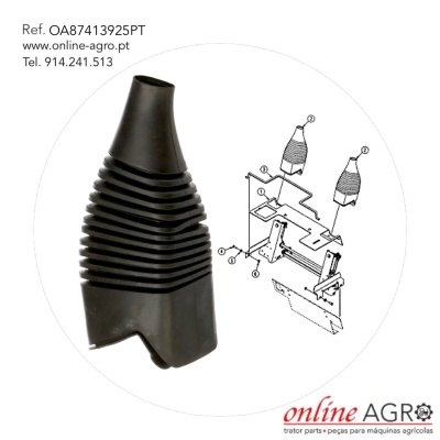 Peça preta plástica cónica com diagrama e texto da Online Agro