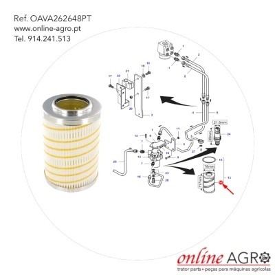Filtro para máquinas agrícolas com diagrama técnico e texto de referência da peça e contacto