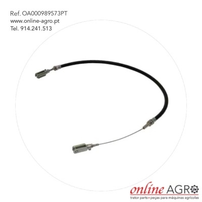 Cabo preto com extremidades metálicas e texto de referência e contato