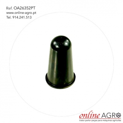 Objeto cilíndrico preto com texto de referência e contato online agro