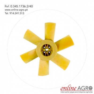 Ventoinha amarela de plástico com seis pás sobre fundo branco com texto e logo online AGRO