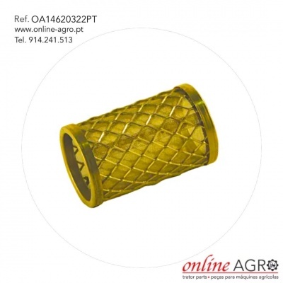 Filtro amarelo de malha metálica para máquinas agrícolas com texto de referência e contacto