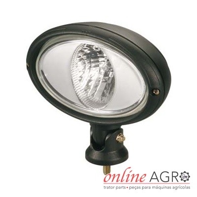 Foco oval preto para máquina agrícola com lente transparente e suporte metálico