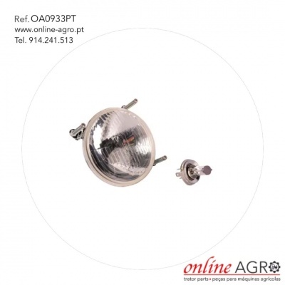 Farol redondo para máquinas agrícolas com parafusos e texto de referência e contacto