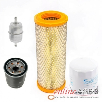 Conjunto de quatro filtros para maquinaria agrícola com junta em cobre numa superfície branca.