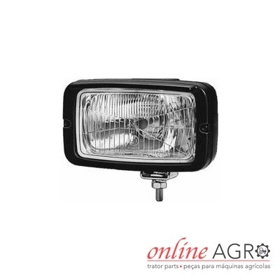 Farol retangular com estrutura preta e lente em vidro para maquinaria agrícola