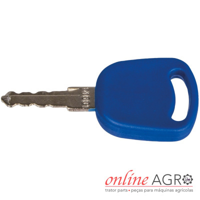 Chave metálica com cabo azul e gravação numérica, fundo branco com logotipo online AGRO.