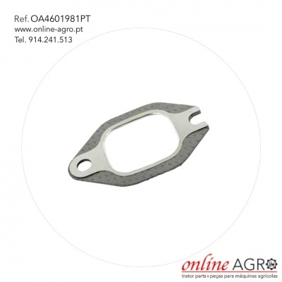 Junta metálica oval com orifício circular e entalhe, fundo branco com texto e logo online AGRO