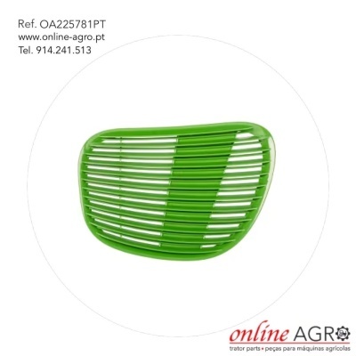 Grelha verde de plástico com barras horizontais sobre fundo branco com texto e logotipo