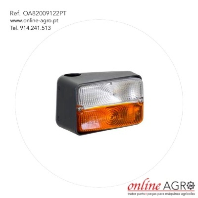 Farolim retangular branco e laranja com caixa preta em fundo branco e texto de contato.