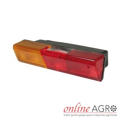 Luz traseira para veículo agrícola em plástico laranja e vermelho com estrutura preta