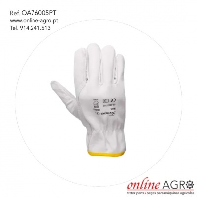 Luvas de trabalho brancas com punho amarelo e texto impresso