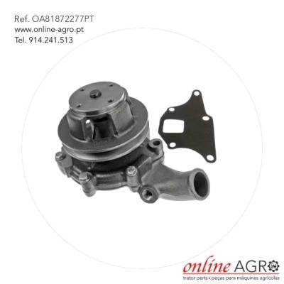 Bomba de água metálica com junta preta e texto de referência e contacto